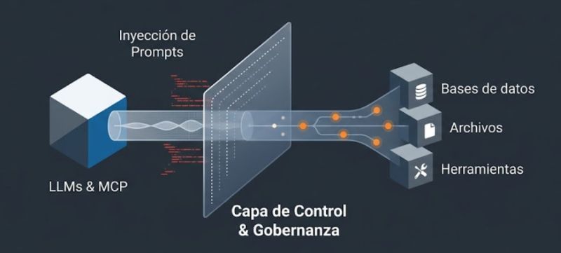 Diagrama: LLMs y MCP conectados a través de una capa de control y gobernanza hacia bases de datos, archivos y herramientas, con inyección de prompts señalada en la entrada.